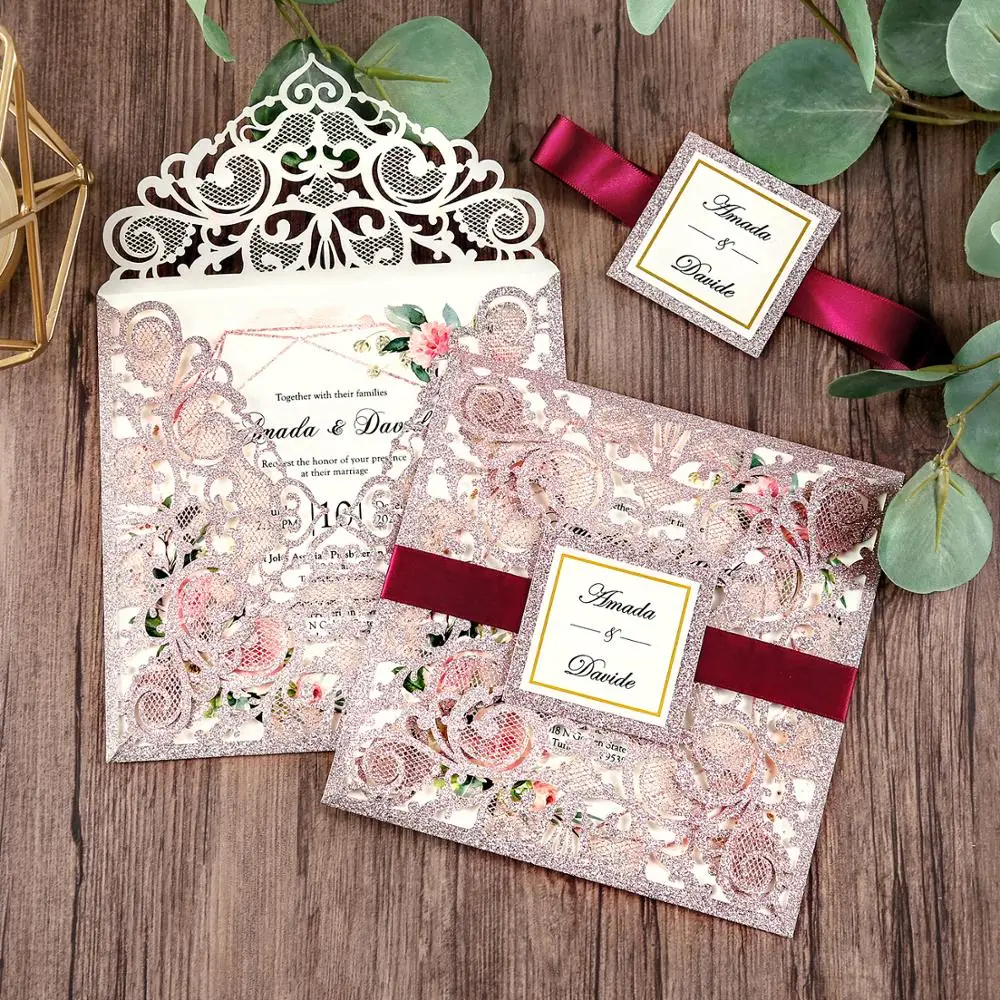 

100 piece Rose Gold Color Laser Cut Wedding Invitations with Gold Glitter Border and Envelope CW2519