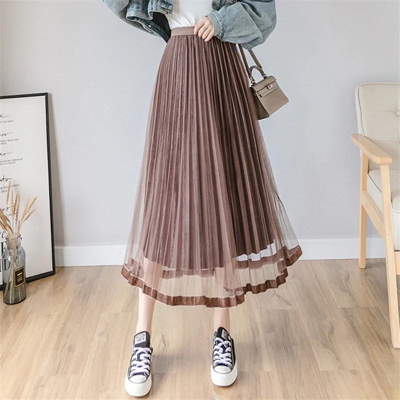 Осенне-зимние женские бархатные юбки женские с высокой талией сетчатые длинные плиссированные юбки женские модные замшевые макси юбки