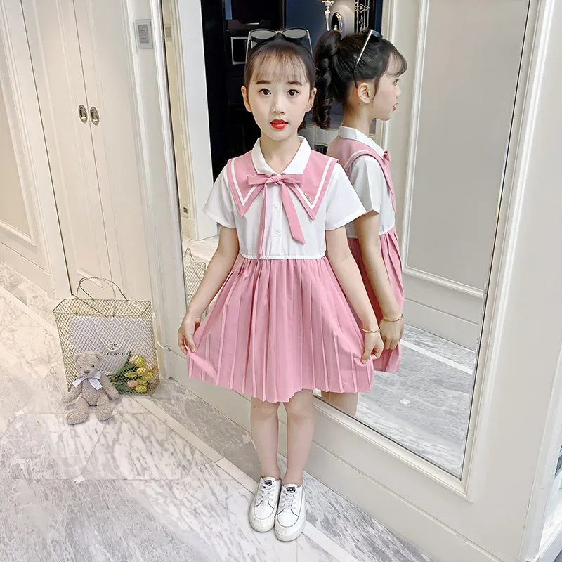 

Summer New Baby Girls Dress Long Patchwork T Shirts Japanese School Uniform Dress Tops Kids Short Sleeve Pullover Shirts Dresses