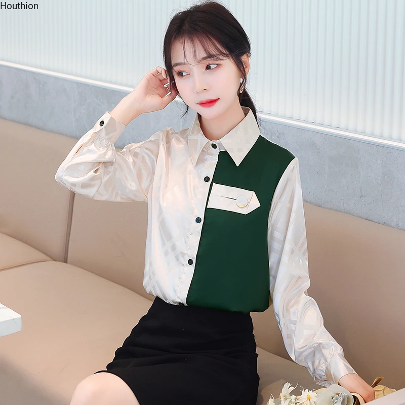 

Loose women's blouse Summer top Splicing Solid color Fashion blouses Casual Polo shirts The Satin tops Long sleeve shirt 10010