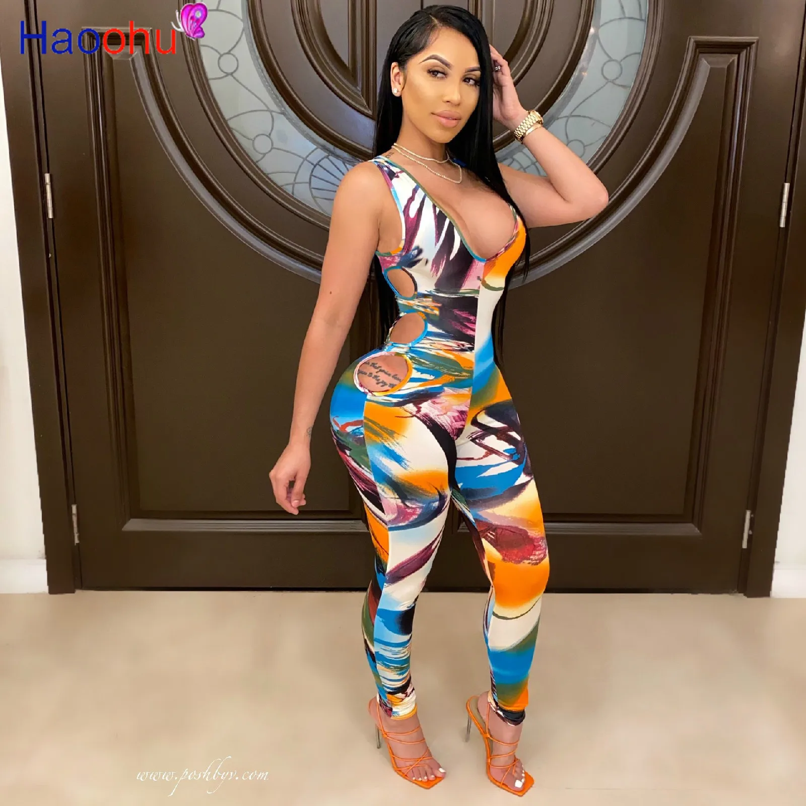 

HAOOHU Sexy Fashion Print Rompers Women Jumpsuit Summer Body Clothes One Piece Club Outfits Slim Hollow Out Bodycon Overalls