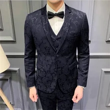 Traje de Jacquard bordado de alta lujo para hombre, conjunto de 4 piezas con solapa de muesca delgada para boda (chaqueta + Pantalones + chaleco + pajarita), novedad de 2021 (4)