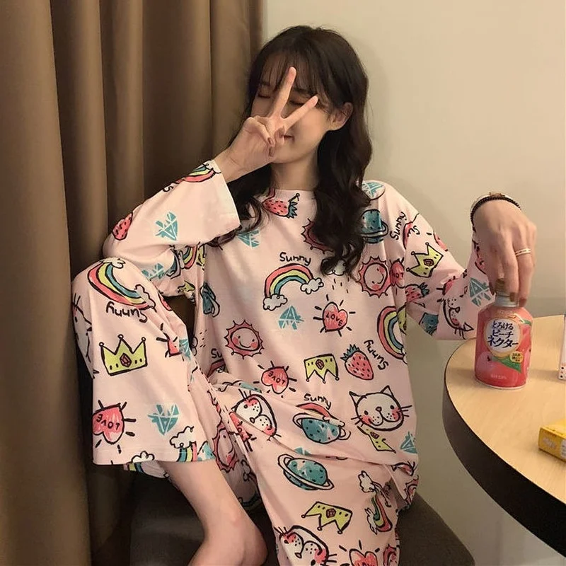 Pajamas for Women's Early Autumn New Long-sleeved Trousers Sleep Wear Cotton Cartoon Cute Spring Thin Sweet Home Service Suit