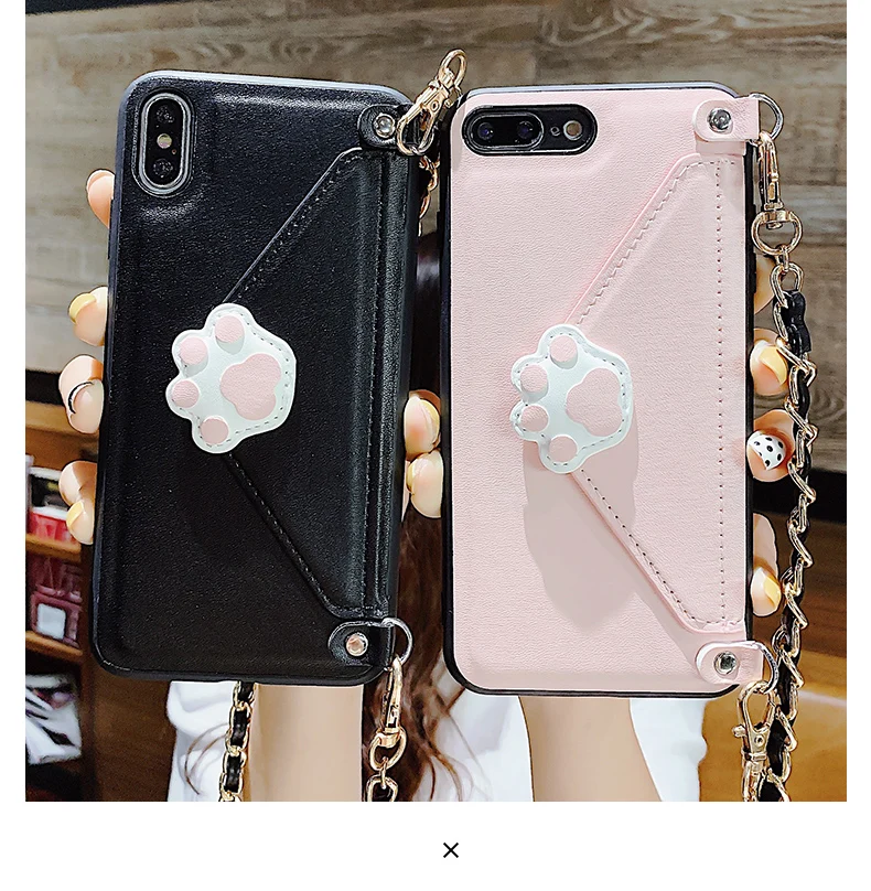 Чехол-кошелек Kawaii с когтями кошки для iPhone 11 PRO XS MAX 6 8 plus huawei P20 P30 Pro с отделением для карт и цепочкой с длинным ремешком