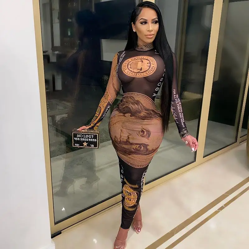 

Mesh Autumn See Through Long Pencil Dress Women Mock Neck Bodycon Dollar Money Sexy Dresses Lady Fitted Clothes