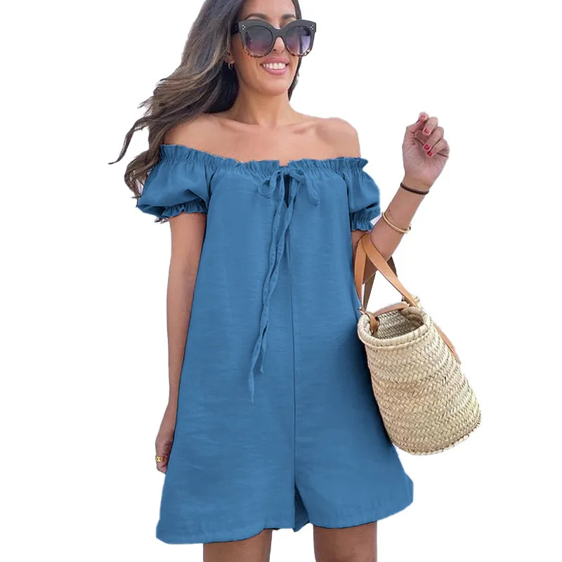 

Fashion Women Summer Solid Color Playsuits Drawstring Shrinkage Design Slash Neck Short Sleeve Mid Waist Casual Loose Jumpsuits