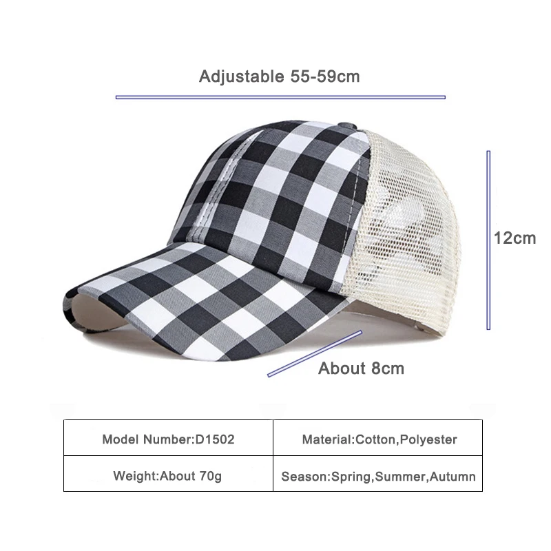 

NEW Fashion Plaid Mesh Cap Women Casual Summer Ponytail Baseball Cap For Female Black Outdoor Sun Hat Breathable Net Trucker Hat
