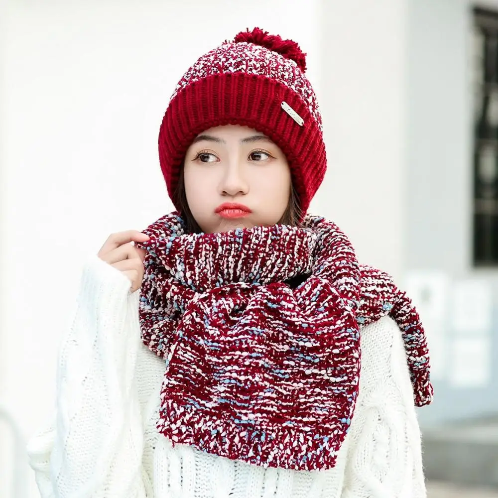 Женский Зимний вязаный комплект из шапки и шарфа плотная теплая вязаная шапка