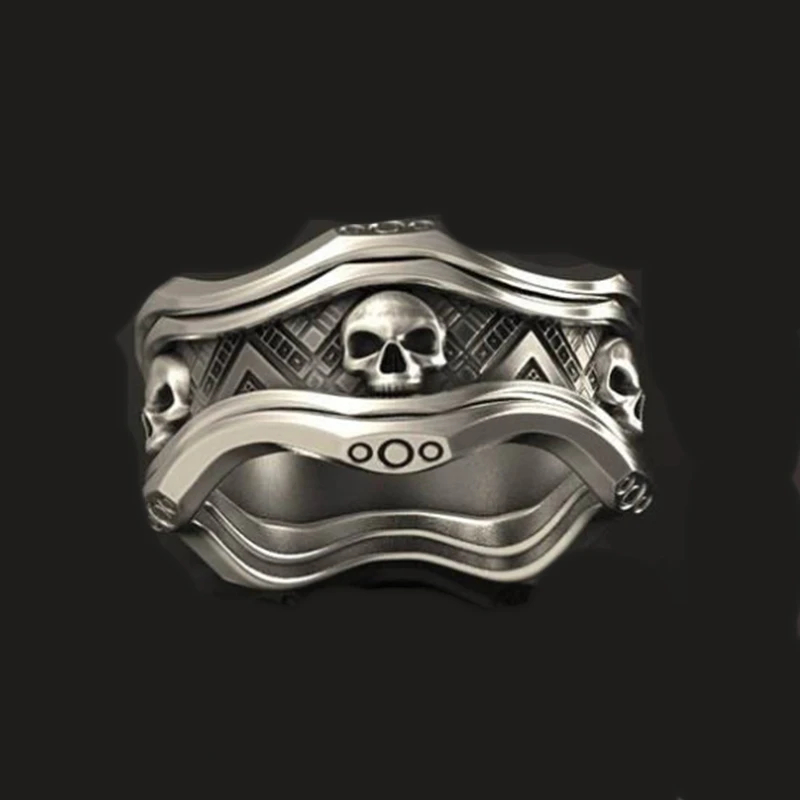 Alloy Retro Male Reaper Skull Ring Geometric Gothic Domineering Locomotive Casual Party Punk Silver Color Ring Jewelry