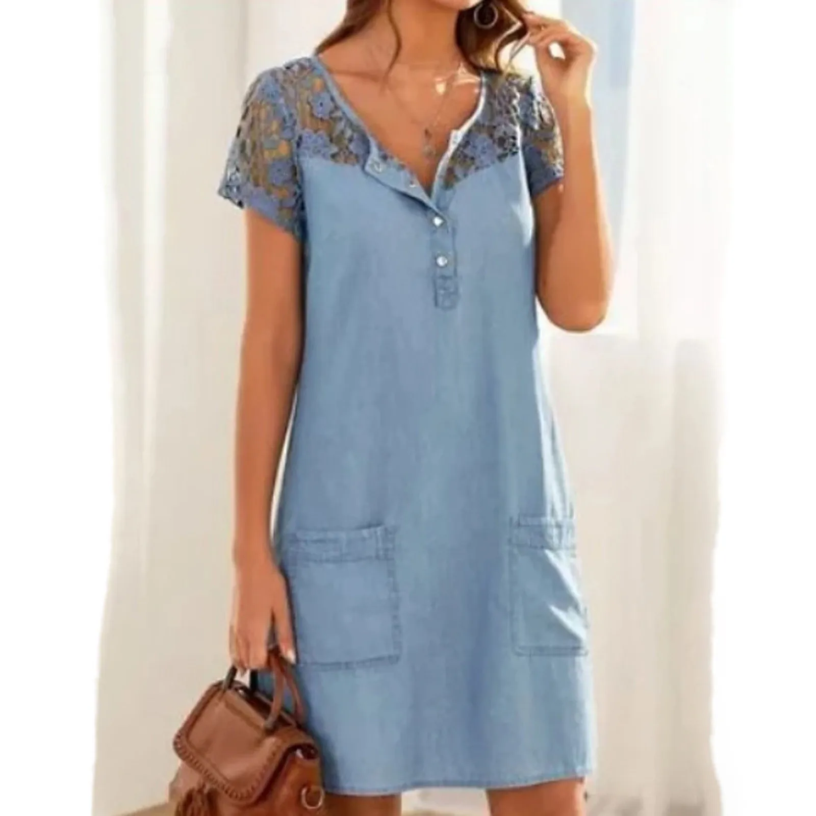 Short Dresses For Women Casual Elegant Plus Size V Neck Sleeve Dress Denim Faux Jean Pocket Solid Color Loose Skirt | Женская одежда