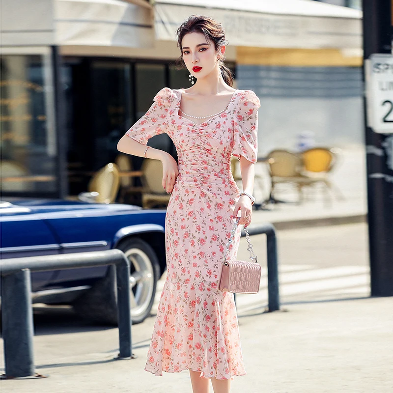

2021 Summer Women's New Style Elegant Mermaid Dress Pink Flower Printed Ruffled Irregular Dress