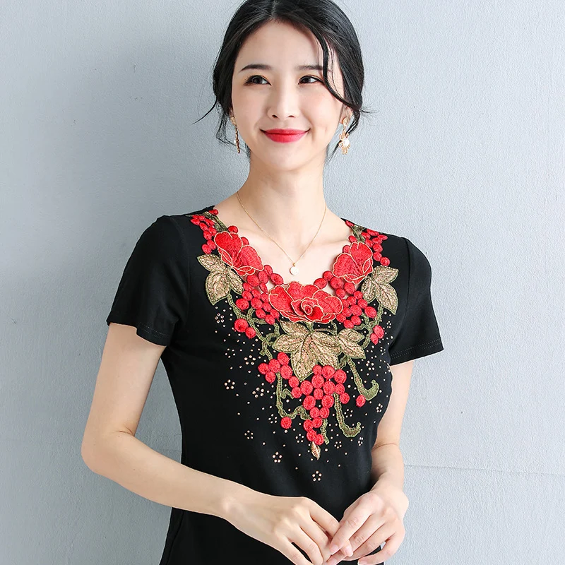 

4XL blusas mujer de moda 2021 summer Short Sleeve Mesh Tops Fashion Elegant Slim Flower Embroidery Women's tshirt