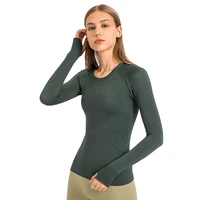 lulu fitness womens sports long sleeve yoga shirt top round neck blouses slim breathable gym clothing thumb jack custom logo