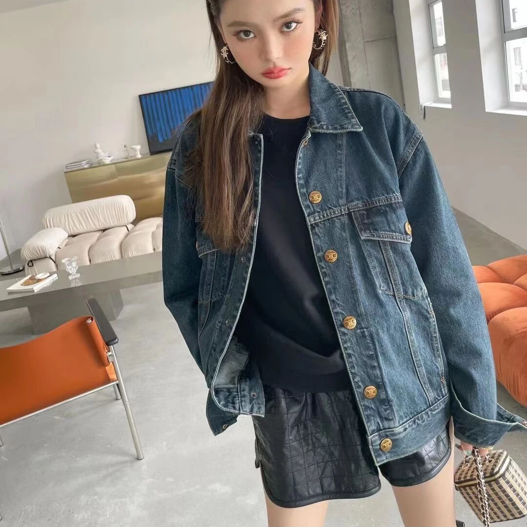 

2021 Autumn New Women's Chic High-End Luxury Brand Lapel Loose Embroidery Retro Fashion Long Sleeve Thin Denim Coat