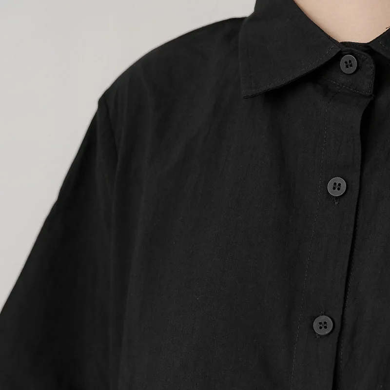 

XITAO Pleated Single-breasted Black Dress Loose Plus Size Summer New Turn-down Collar Patchwork Short Sleeve Dress WMD1228