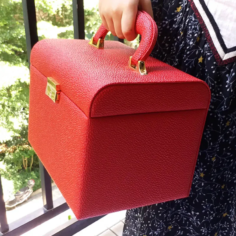 Bright red Горячая pu кожаный макияж коробка с зеркалом макияж Чехол красота чехол косметичка Блокируемая коробка для ювелирных изделий для женщин подарок - Цвет: Bright red
