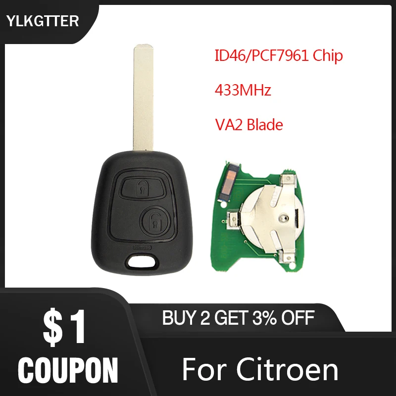 YLKGTTER 2 кнопки дистанционного ключа без для Citroen C1 C3 с 433 МГц ID46 замена VA2 Blade|Ключ от