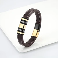 2021 new fashion simple punk style 5 ring stainless steel mens classic bracelet coffee color wide leather rope charm bracelet