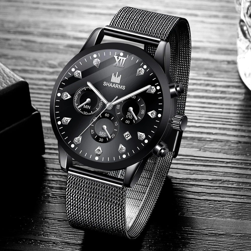 Мужские часы SHAARMS 2020 мужские черные роскошные кварцевые наручные с сетчатым