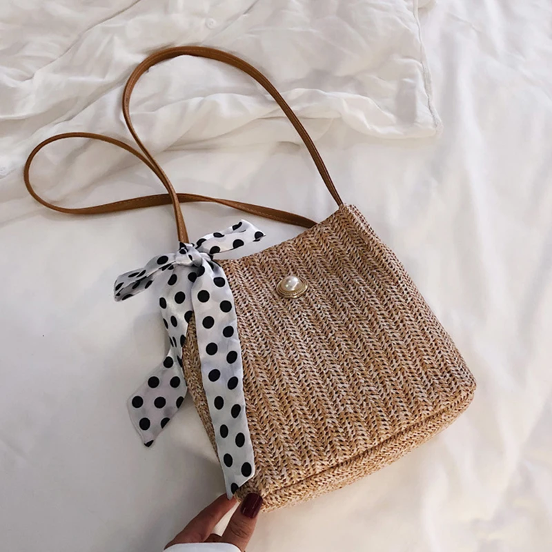 

Casual Grass Woven Women Bag 2020 Korean Beach Style Simple Lace Shoulder Bags For Women Fashion Handbags With Drawstring