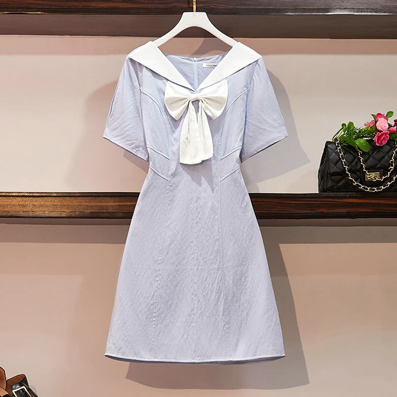

EHQAXIN Plus Size Women Japanese Sweets Dress Blue Summer 2021 Fashion Big Bow Sailor Collar Short Sleeve Cute Dress L-4XL
