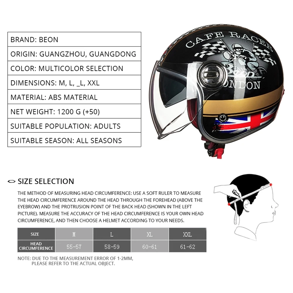 

BEON Vintage Motorcycle Helmet Men Women Motocross Casco Moto Motorbike Helmet 3/4 Open Face Capacete Scooter Helmet
