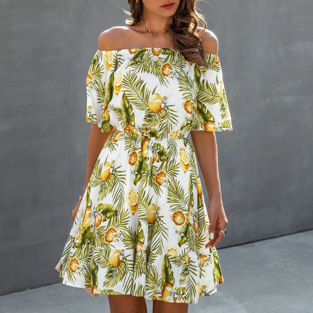 Women Fashion Fruit Lemon Floral Print Mini Dress Casual Sleeveless Dresses Ethnic Holiday Style Refreshing Stmosphere Dr | Женская