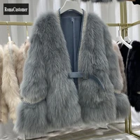winter womens new elegant korean fashion wool cashmere faux fox fur coat office lady spliced v neck straight casual outerwear