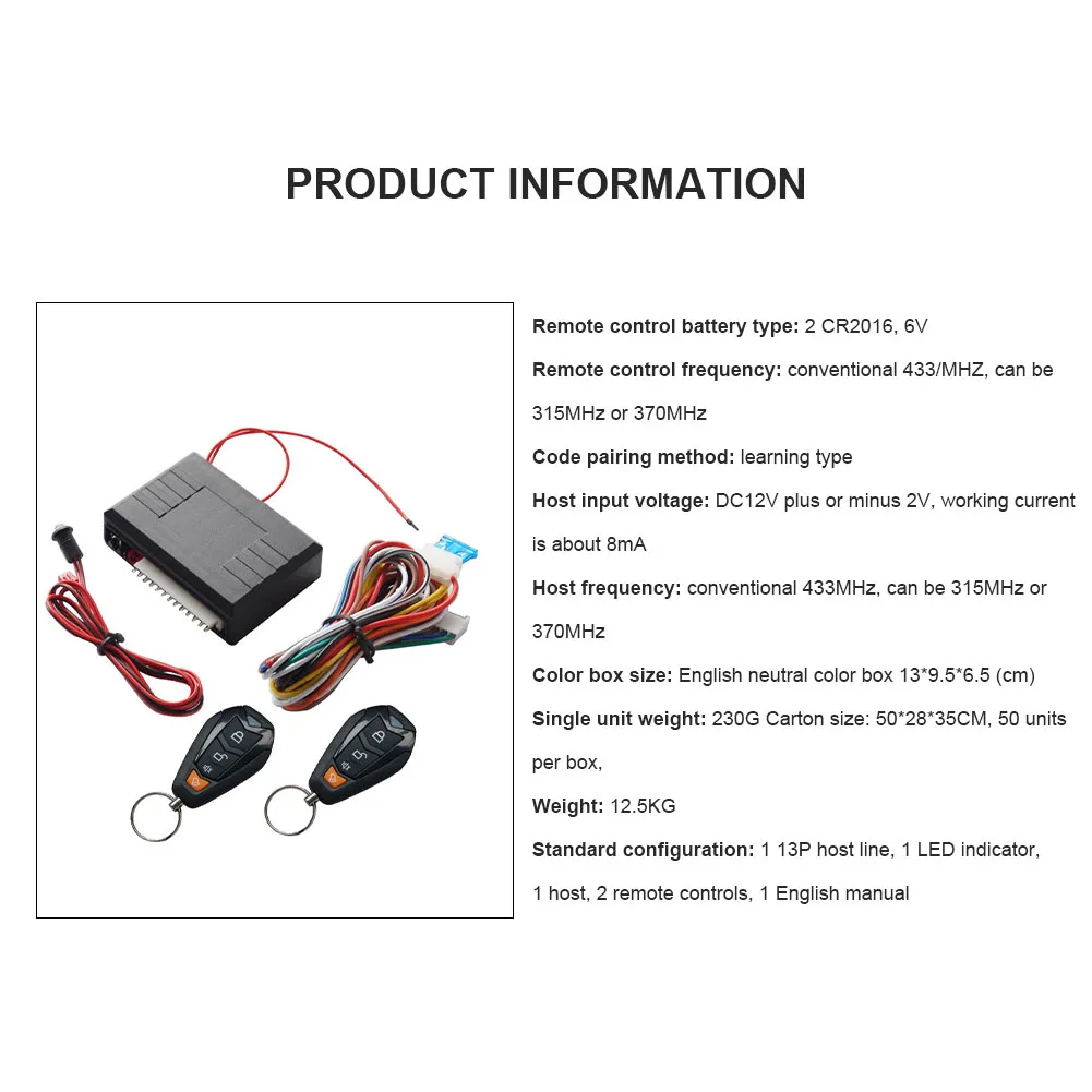 

12V Car Remote Central Door Lock Keyless System Central Locking Remote Car Alarm Windows Trunk Control with 2 Remote Controls