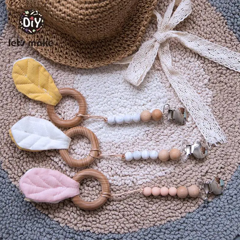 Let's Make Baby Teether Silicone Beads Holder For Nipples Leaves 1PC Latex Free Cotton Metal Ring Teething Wood Pacifier Chain | Мать и