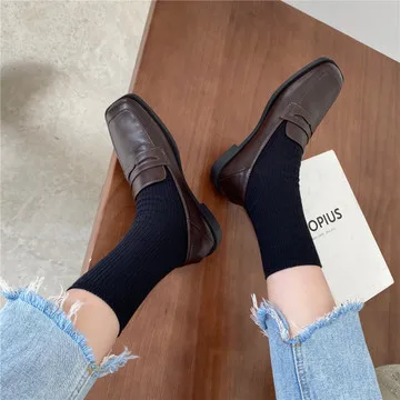 

Womens Derby Shoes All-Match Loafers With Fur Autumn Square Toe Casual Female Sneakers Flats Leather Winter Slip-on Fall New
