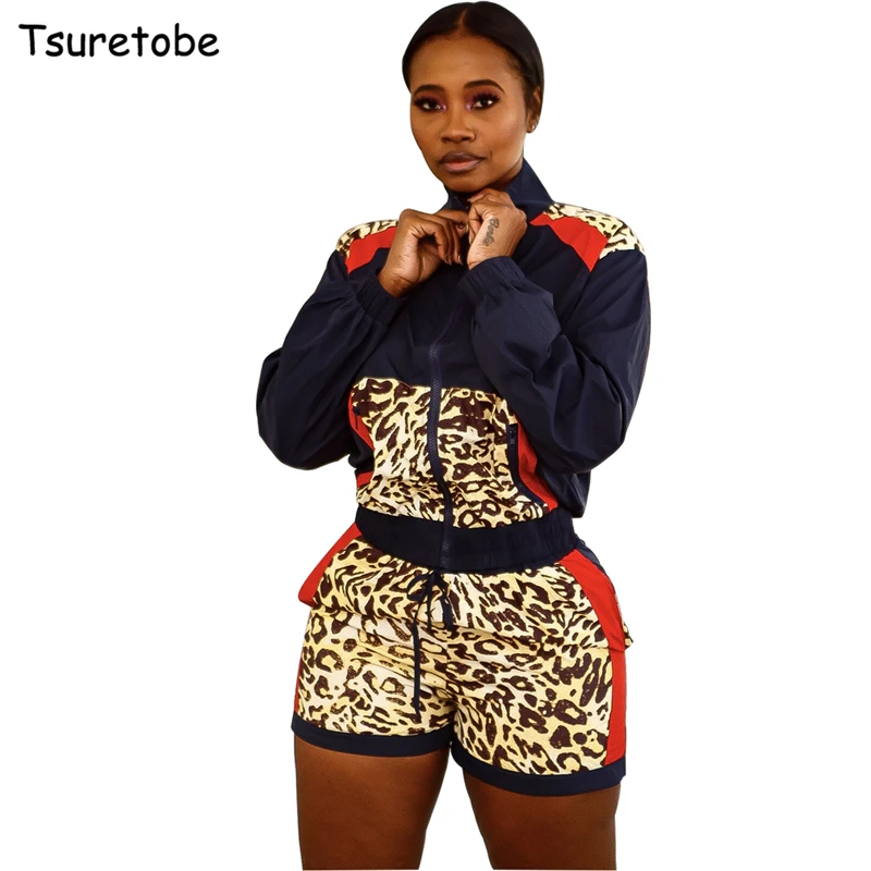 

Tsuretobe Casual Leopard Tracksuit Women Patchwork Long Sleeve Tops With Zipper And Shorts Two Piece Set Matching Suits Outfits