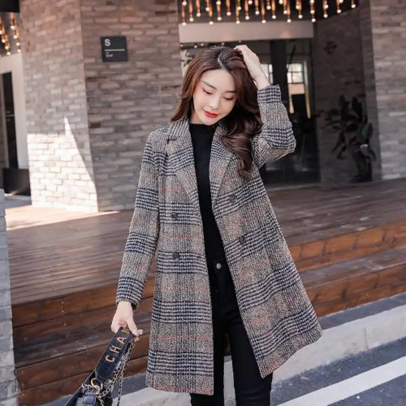 

M-3xl Womens Wool Coats Winter Female Blends Jackets Clothing Turn-down Collar Long Plaid Ladies Outerwear Top Clothes C73