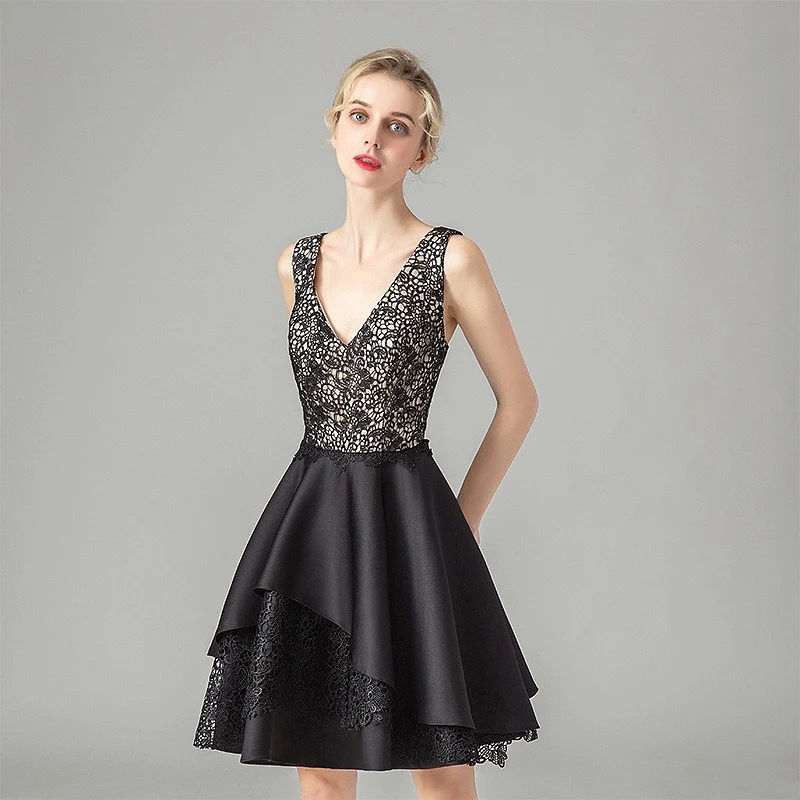 

Black Satin Lace Cocktail Dresses Knee-Length Sexy V-Neck Sleeveless Prom Dress A-Line Wedding Celebrity Maid of Honor Prom Gown