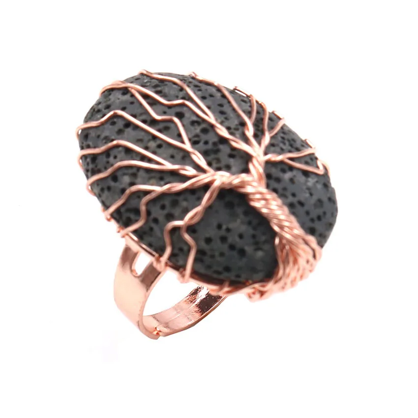 

Rose Gold Color Wire Wrap Black Lava Stone Oval Shape Resizable Ring Green Aventurine Jewelry