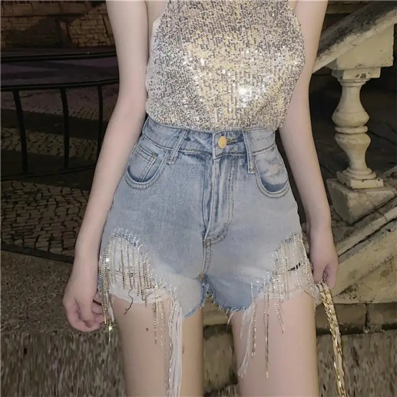 Korean Style Solid Tassel Diamond Chain Female Denim Shorts Women High Waist Wide-leg Loose Hole Jeans Short 2020 Fashion | Женская