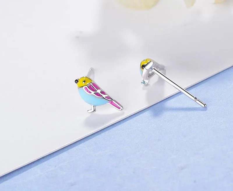 

100% 925 Sterling Silver Women's Jewelry Fashion Cute Color Birds Stud Earrings For Women Daughter Girls Gift DA303