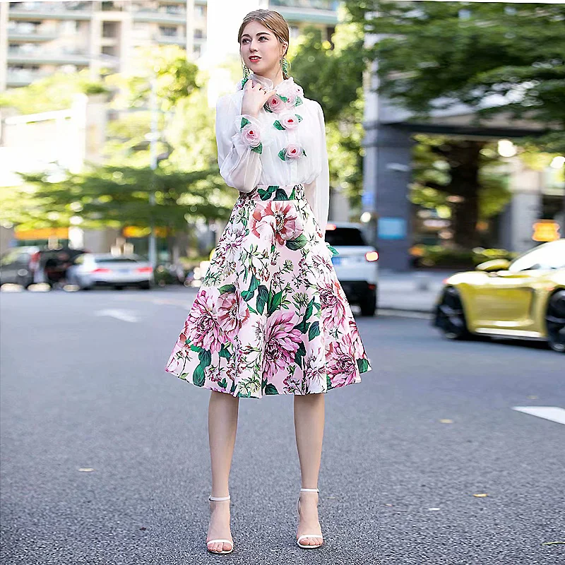 Designer New High Quality 2020 Summer Party Casual Rose Flower Appliques Chiffon Tops Print Half Skirt Elegant Chic Women'S Sets