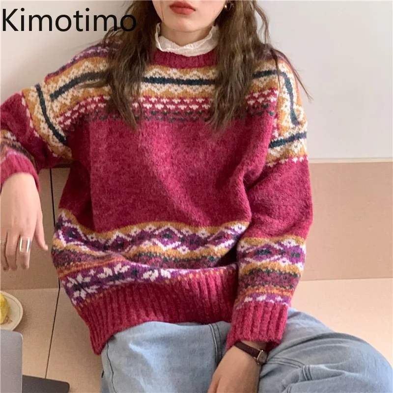 

Kimotimo Women Sweater Korean Chic Heavy Industry Color Contrast Pullover Autumn Winter Retro Long Sleeve Loose Fashion Clothes