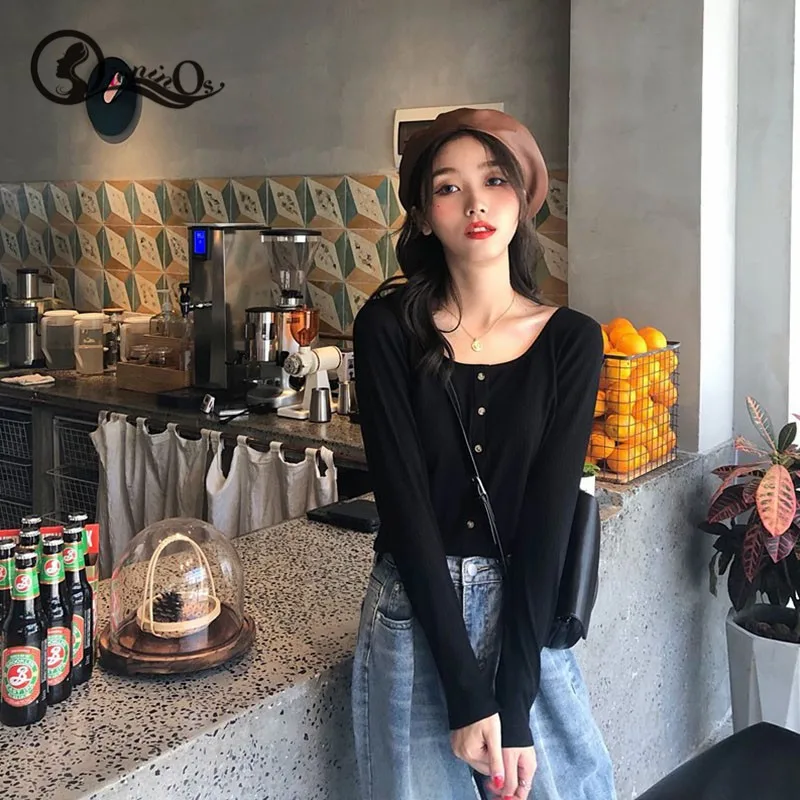 

Women Autumn Sweater Chic Tops Button Solid Color Slim Long Sleeved Pullobers Square Collar Korean Style Casual Sweater