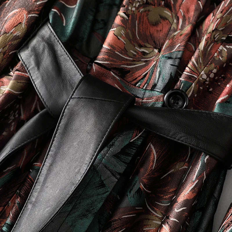 Vintage Printed Sheepskin Female Long Jackets Real Fur Spring Chic Slim Coat Outwear High Quality Leather Jacket with Sashes