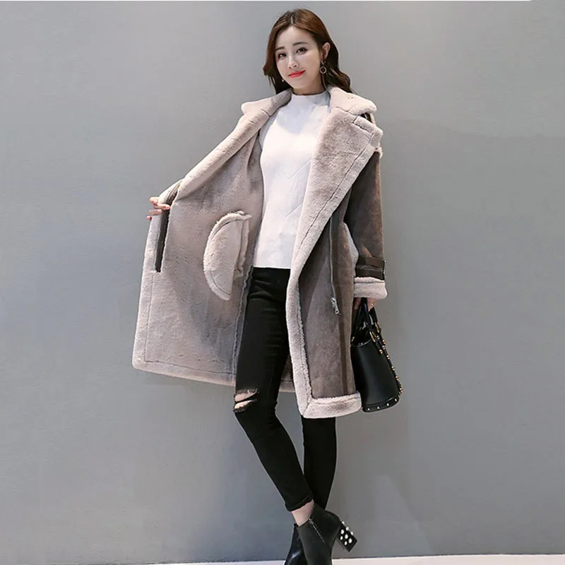 Новая зимняя женская замшевая куртка с искусственным мехом из искусственной оленины, длинная куртка из шерсти, толстая парка из искусственного ягненка OK409.