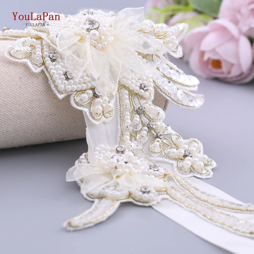 

YouLaPan S428 Handmade Luxury Bridal sash Applique Lace Pearls Sparkling Featheriness Belt Fashion Girdle Beading Lace Belt
