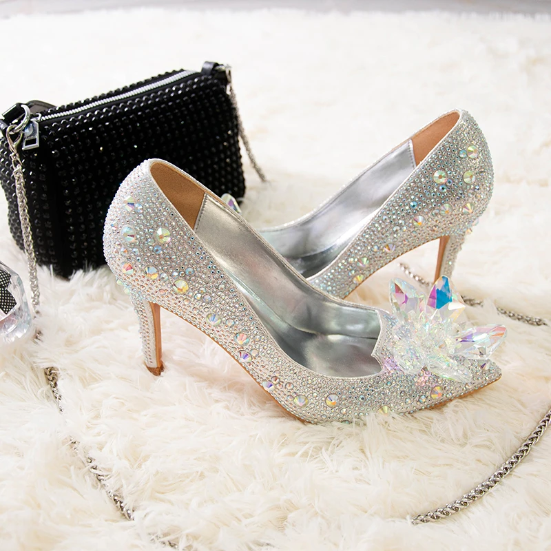 Новинка 2021 туфли с кристаллами Золушки остроносые на шпильках ботильоны Стразы