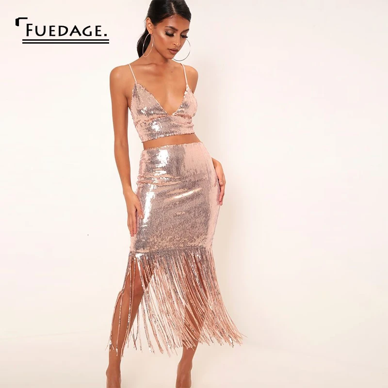 Fuedage Tassel SEQUINS вечерние комплекты из двух предметов для женщин с v-образным вырезом и блестками комплект из 2 предметов на тонких бретельках сексуальные женские комплекты из двух предметов