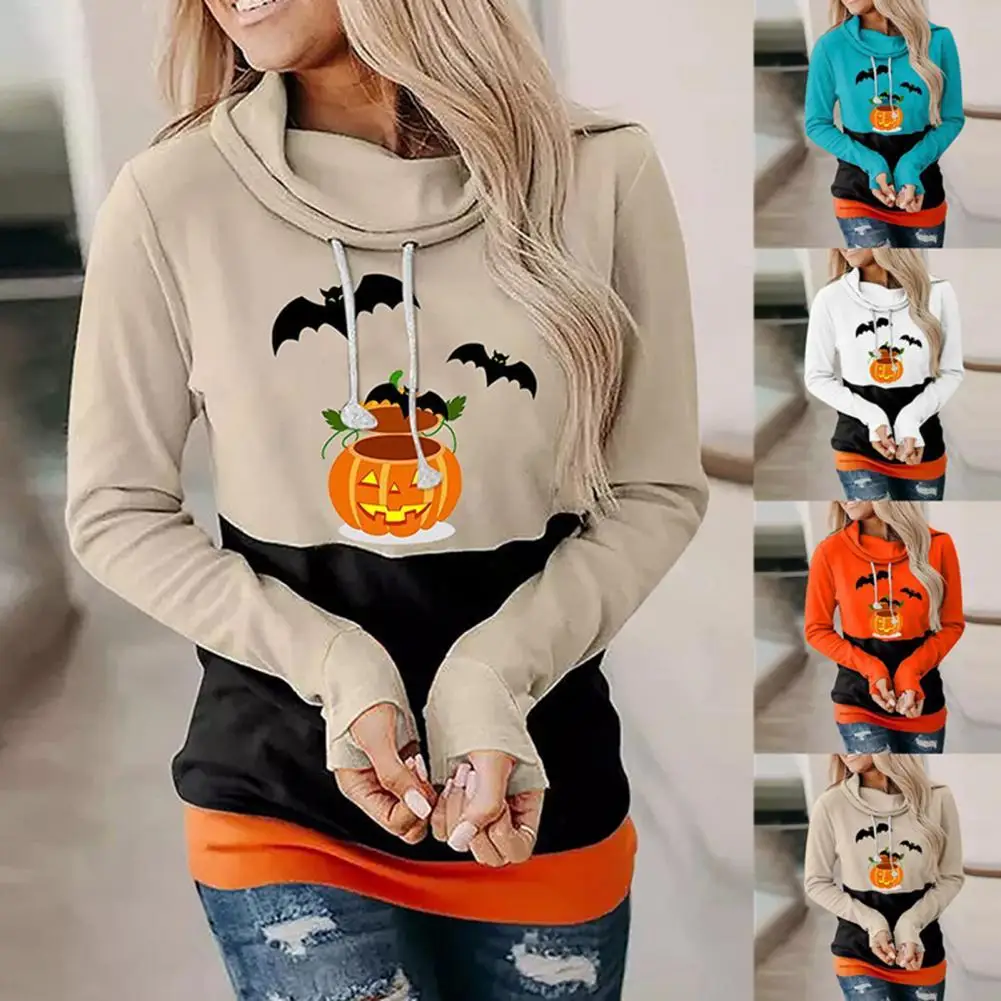 

Women Halloween Hoodies Horror 3D Pumpkin Print Party Long Sleeve Pullover Hooded Sweatshirt Drawstring Basic Brief Tops