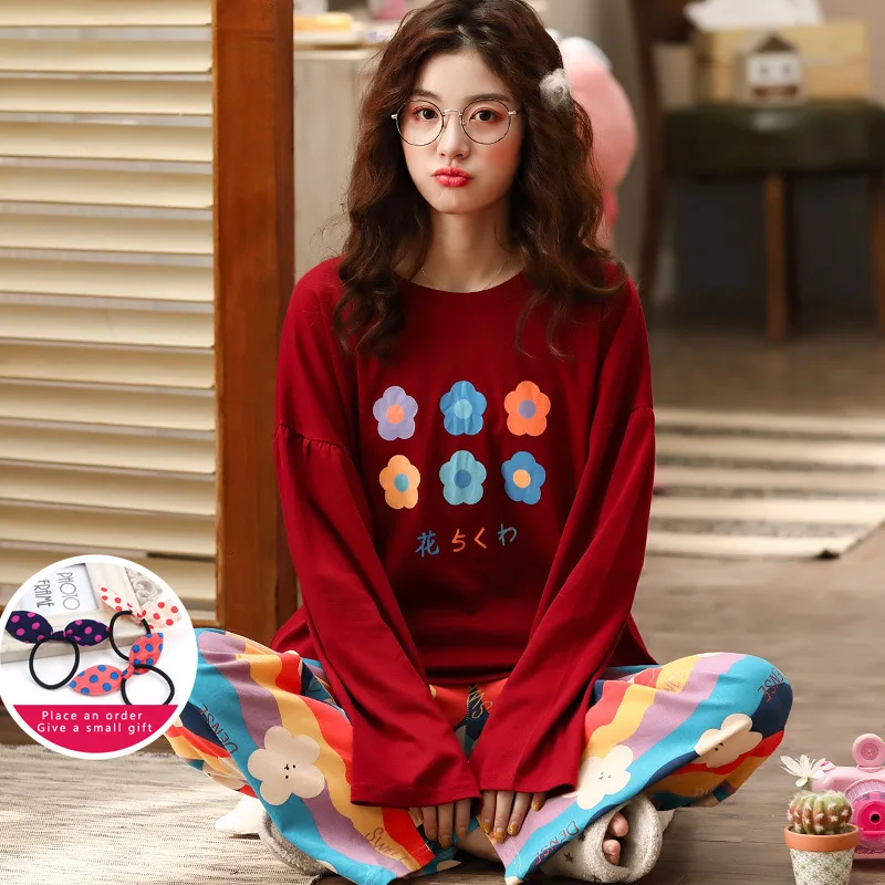 Зимние пижамные комплекты нижнее белье с красными цветами мягкая свободная