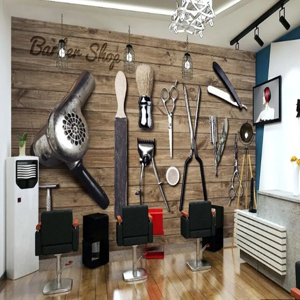 

milofi custom do not 3D retro wood board barber shop tools large TV background wallpaper mural