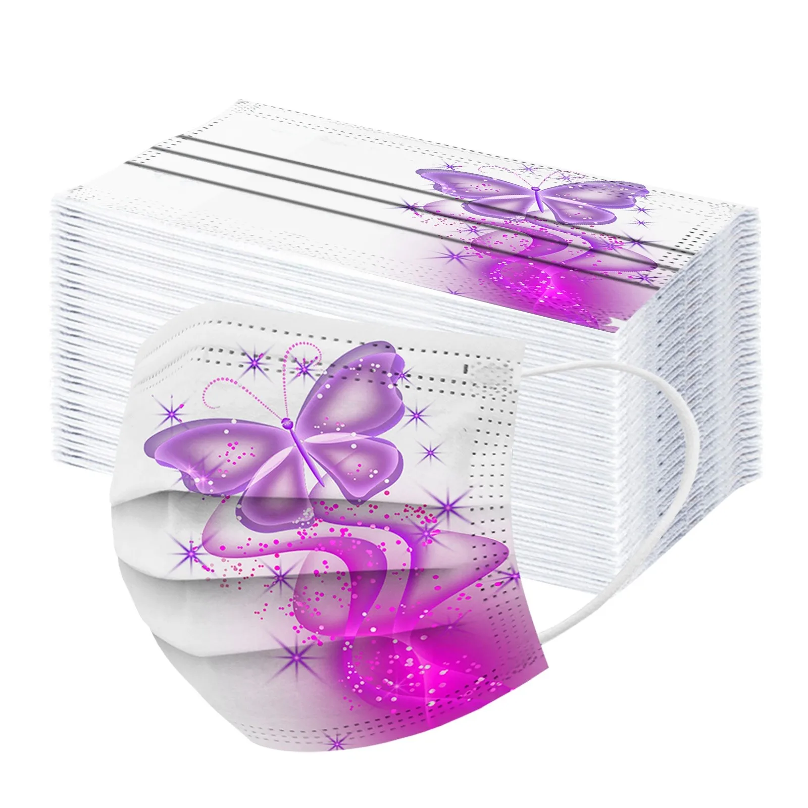 

100pcs Butterfly Print Mask Disposable Nonwove 3 Layer Ply Filter Mouth Face Mask Meltblown Breathable Earloops Mask Mondkapjes