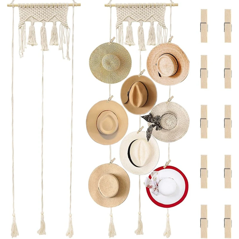 

Hat Wall Hanging,Boho Hats Rack for Display,Bohemian Cap Holder,Handmade Cotton Rope Woven Womens Hat Storage Hanger